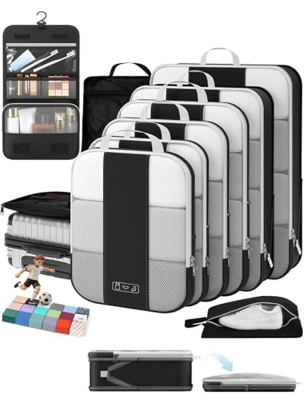 10Pack Compression Packing Cubes for Travel ,Compressible Expandable Bags Black